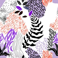 Wandaufkleber Seamless pattern, hand drawn abstract shape and plants on white background © momosama