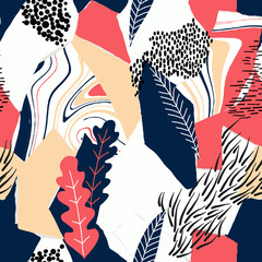 Fototapeta na wymiar Seamless pattern, hand drawn abstract shape and plants on white background, red and blue tones