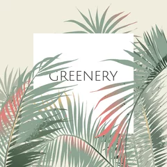 Wandaufkleber Greeting/invitation card design, green palm leaves with white frame on light green background © momosama