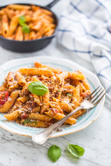 Italian food and pasta pene with bolognese sause on plate