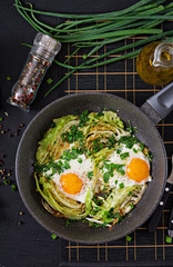 Fried eggs with slices of young cabbage and greens. Nutritious breakfast. Top view. Flat lay