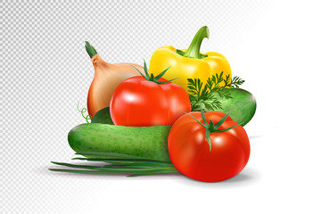 Fresh vegetables on transparent background. Tomatoes, cucumbers, pepper and onion composition. Realistic vector, 3d illustration