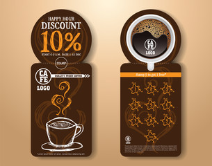 Coffee voucher. Cafe gift card happy hour discount and stamp for free on dark brown background vector - Powered by Adobe
