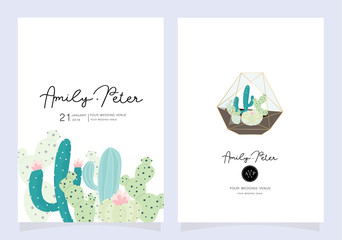 wedding card invitation template with sample text in cactus green and pink mode © babeer