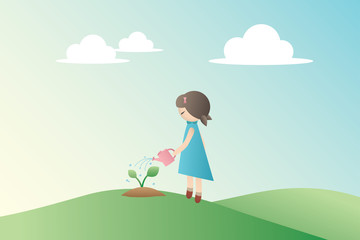 Vector cartoon little girl watering sapling, global warming and save the world concept