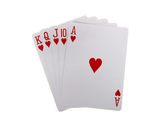 Playing cards, royal flush. A royal flush is a straight flush that has a high card value of Ace. This is the highest hand in the game of poker. Hearts.