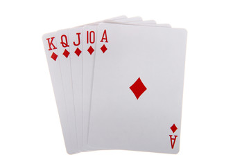 Playing cards, royal flush. A royal flush is a straight flush that has a high card value of Ace. This is the highest hand in the game of poker. Diamonds.