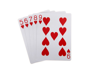 Playing cards, a straight flush. A straight flush is a five card sequence of the same suit. hearts.