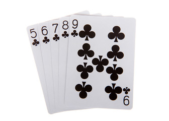 Playing cards, a straight flush. A straight flush is a five card sequence of the same suit. Clubs