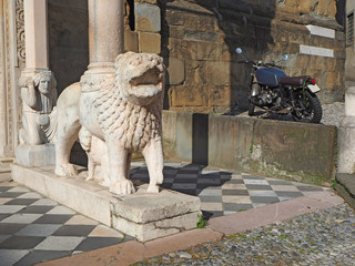 The Basilica of Santa Maria Maggiore is a church in Bergamo, one of the beautiful town in Italy. The lions at the entrance to the church