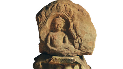 This is a Carving of Buddha shrine isolated on white. Siem Reap Cambodia