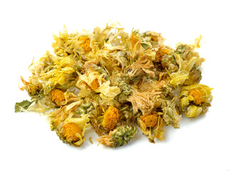 dried chrysanthemum flowers isolated on white.