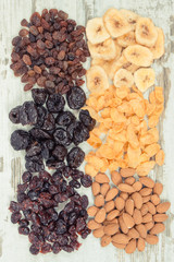Vintage photo, Dried ingredients as source carbohydrates, vitamins and dietary fiber, healthy and nutritious eating concept