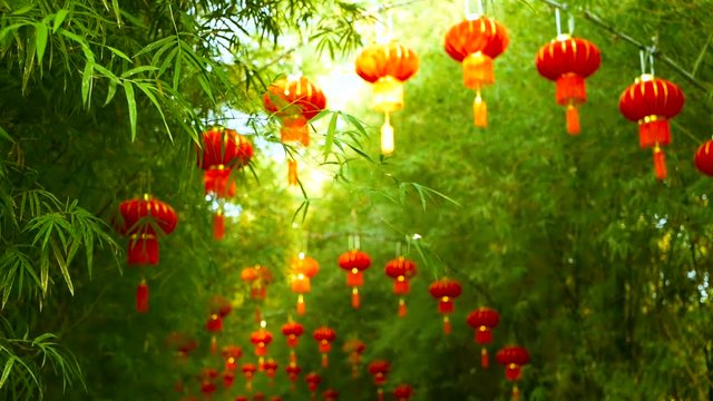 Rows of traditional chinese style red lanterns hanging on bamboo tree tunnel arch. Decoration lamps for Chinese Lunar New Year festival. Tropical oriental garden. Bamboo fresh green leaves background.