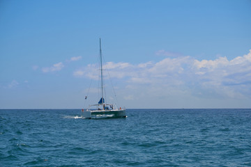 Fototapeta premium Sailing yacht catamaran sails on the waves in the warm Caribbean Sea. Sailboat. Sailing. Cancun Mexico. Summer sunny day, blue sky with clouds.