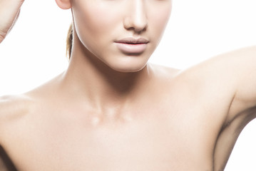 Part of beauty girl face and body. Perfect cleanfresh skin, natural nude make-up. Facial and body care treatment concept