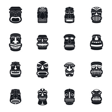 Tiki idol aztec hawaii face icons set. Simple illustration of 16 tiki idol aztec hawaii face vector icons for web