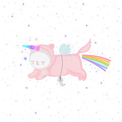 Obraz na płótnie Canvas Pink unicorn cat with a rainbow and magical horn, and blue wings, and twinkling stars on a white background in vector. Flying cute animal character for design - postcards, kids textile, or clothes.