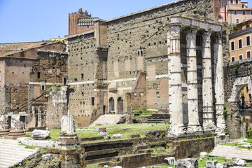 Rome, ruins of the Trajan market and of the forum of Augustus with the temple of Mars