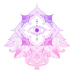 Mystic decorative element - seeing eye in floral frame, pink and violet colored. Psychedelic, esoteric, magical symbol, line art. Vector isolated illustration for web design, prints, tattoo.