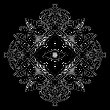 Hand drawn mandala with magic eye inside flower, and leaves in boho style on black background. Esoteric, mystical illustration in vector.