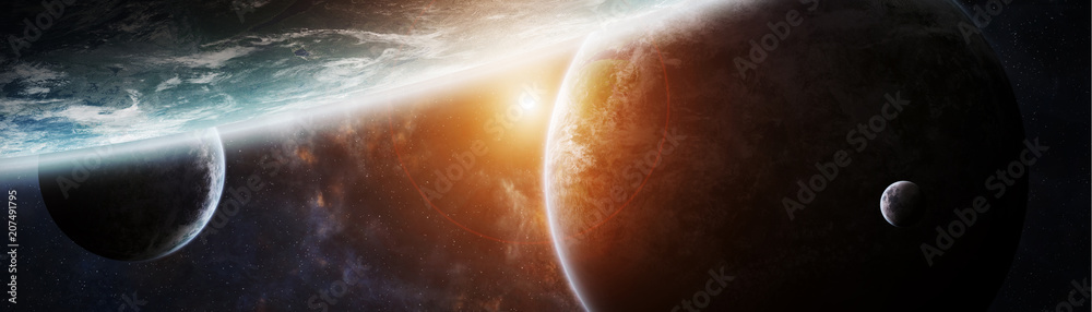Wall mural panoramic view of planets in distant solar system 3d rendering elements of this image furnished by n