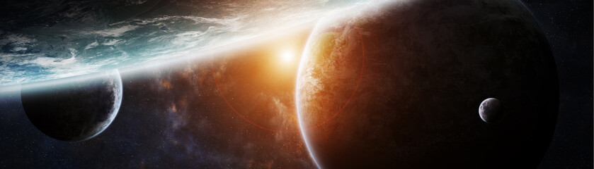 Naklejka premium Panoramiczny widok planet w odległym Układzie Słonecznym Elementy renderowania 3D tego obrazu dostarczone przez NASA