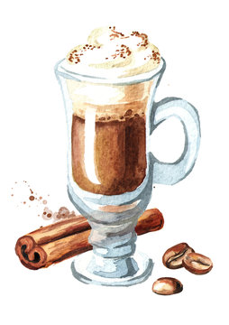 Traditional Irish cream coffee with cinnamon and coffee beans. Watercolor hand drawn illustration, isolated on white background