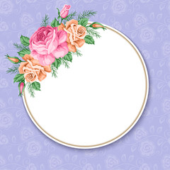 Invitation or greeting card template with roses in retro style. Vector Illustration