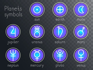 Vector set of round icons with astrological planets symbols. Signs collection: sun, earth, moon, saturn, uranus, neptune, jupiter, venus, mars, pluto, mercury. Colored.