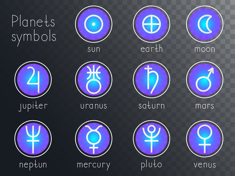 Vector set of round icons with astrological planets symbols. Signs collection: sun, earth, moon, saturn, uranus, neptune, jupiter, venus, mars, pluto, mercury. Colored.