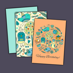 Happy birthday vector greeting card with abstract doodle birds and flowers.