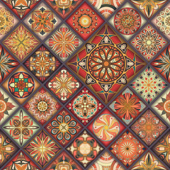 Seamless pattern with decorative mandalas. Vintage mandala elements. Colorful patchwork.