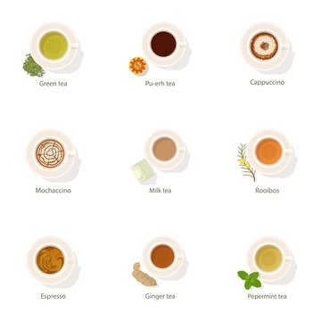 Coffee icons set. Cartoon set of 9 coffee vector icons for web isolated on white background