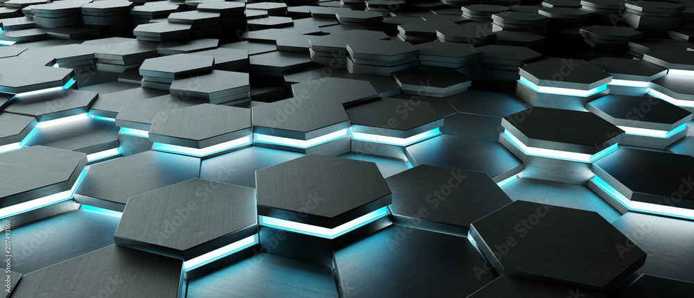 Fototapete black and blue hexagons background pattern 3d rendering