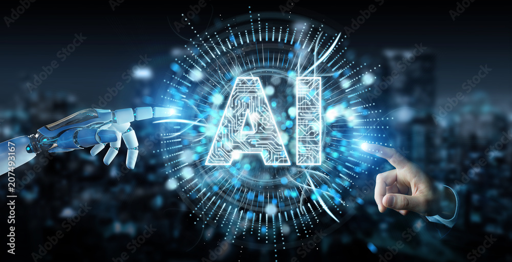 Wall mural white humanoid hand using digital artificial intelligence icon hologram 3d rendering