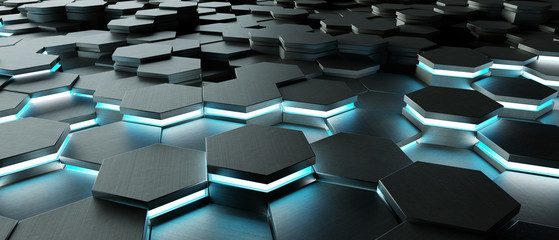 Black and blue hexagons background pattern 3D rendering