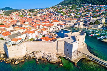 Town of Dubrovnik city walls UNESCO world heritage site aerial view