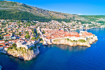 Town of Dubrovnik city walls UNESCO world heritage site aerial view