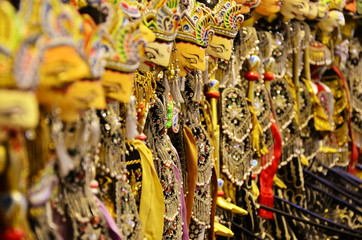 Fototapeta premium Traditional ancient Javanese Indonesian wooden puppets toys man male woman female uniforms hat face