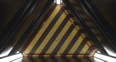 Fototapeta premium Dark Futuristic Triangle Sci-Fi Empty Room With Hazard Pattern Wall And Reflections. 3D Rendering