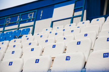Fototapeta premium Empty white and blue seats in stadium