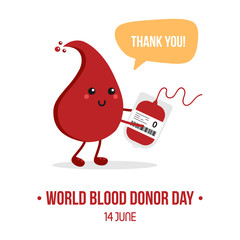 Vector illustration for World Blood Donor Day with cute cartoon blood drop character with blood bag, saying thank you for blood donation.