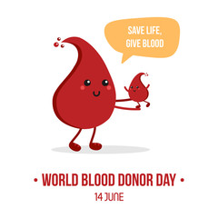 Vector illustration for World Blood Donor Day with couple of cute cartoon blood drop characters, asking to donate blood and save lives.