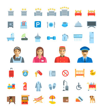 Hotel services vector flat icons set. Simple colorful pictograms. Isolated on white. Symbols for choosing of apartment. Different services for traveling singles and families with kids. Real estate