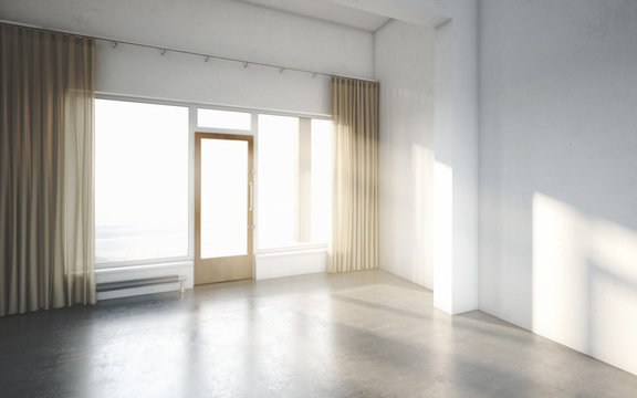 Beautiful White and Bright Room with Sun Light Passing Through, Decorated with Brown Clean Curtain and Cement Floor, Vintage Style, 3d Illustration, 3d Render.