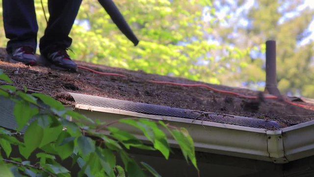 leaf blower and and shoes on roof