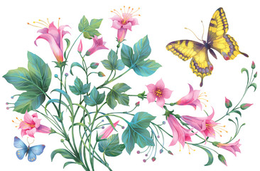 Floral composition of pink flowers and yellow and blue butterflies  isolated on white