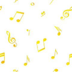 Music background, yellow notes, seamless pattern. Vector illustration