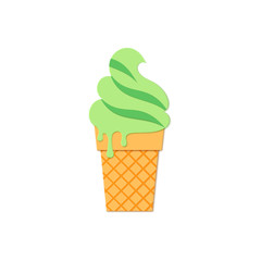 Green Ice Cream in waffle cup in trandy paper cut style. Craft tasty bright summer icecream with melts drops on white background for package design Vector card illustration in papercutting art style
